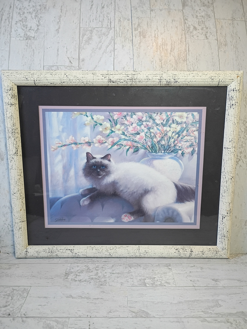 Ragdoll Seamese Cat Wall Art Print with Floral Vase Framed Joe Sambataro